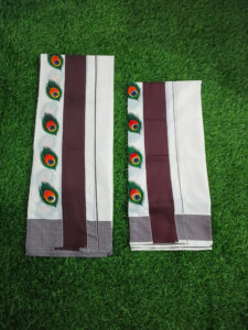 kerala kuthampully pure cotton traditional design printed vishu special peely setmundu [2 meter mundu + 2.8 meter neriyathu]