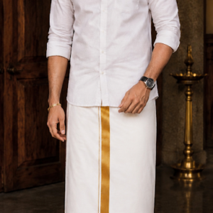 kuthampully pure cotton kasavu double mundu for men | 2 meter kerala traditional dhoti | 1 inch golden kasavu border | onam special